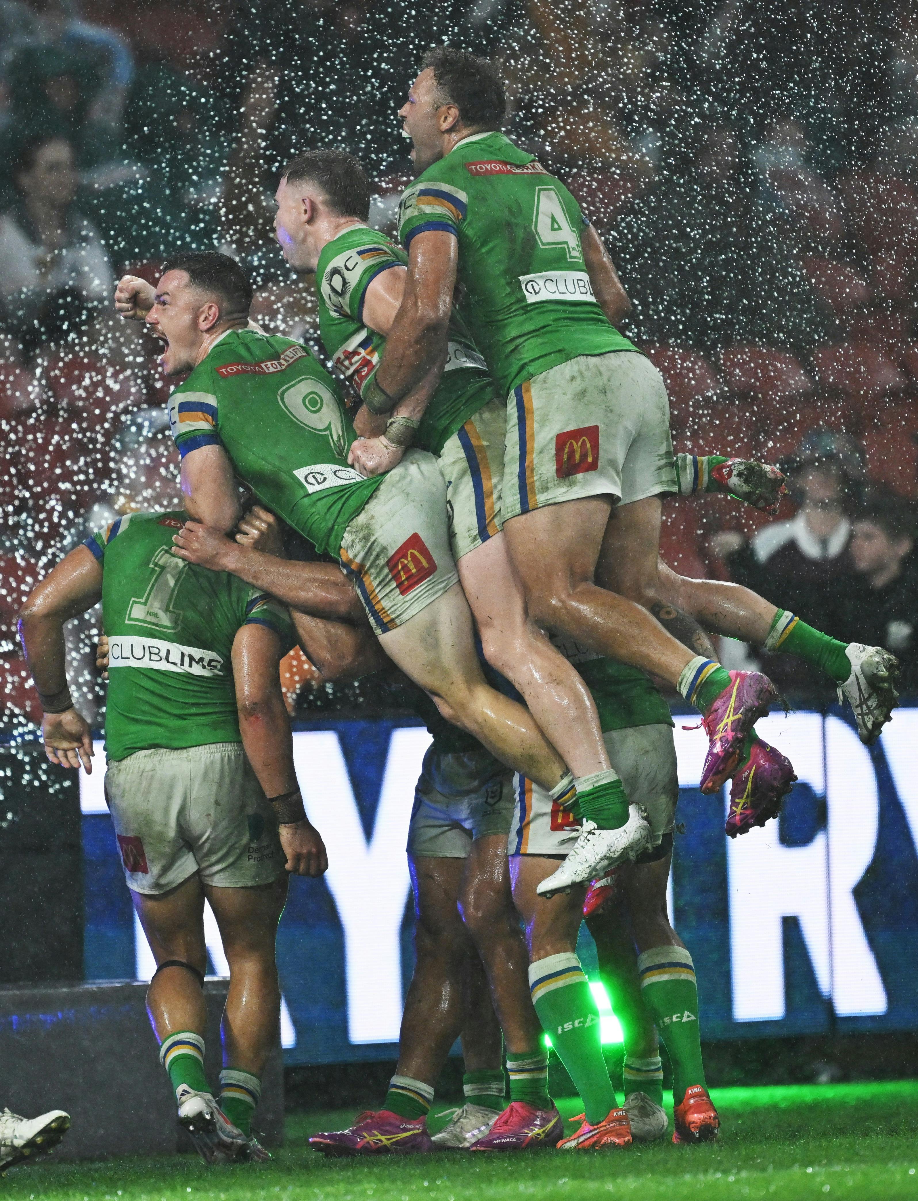 Canberra Raiders team celebration v Melbourne Storm.