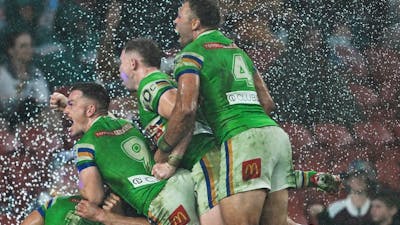 Canberra Raiders team celebration v Melbourne Storm.