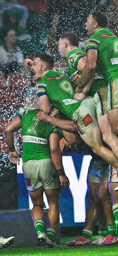 Canberra Raiders team celebration v Melbourne Storm.