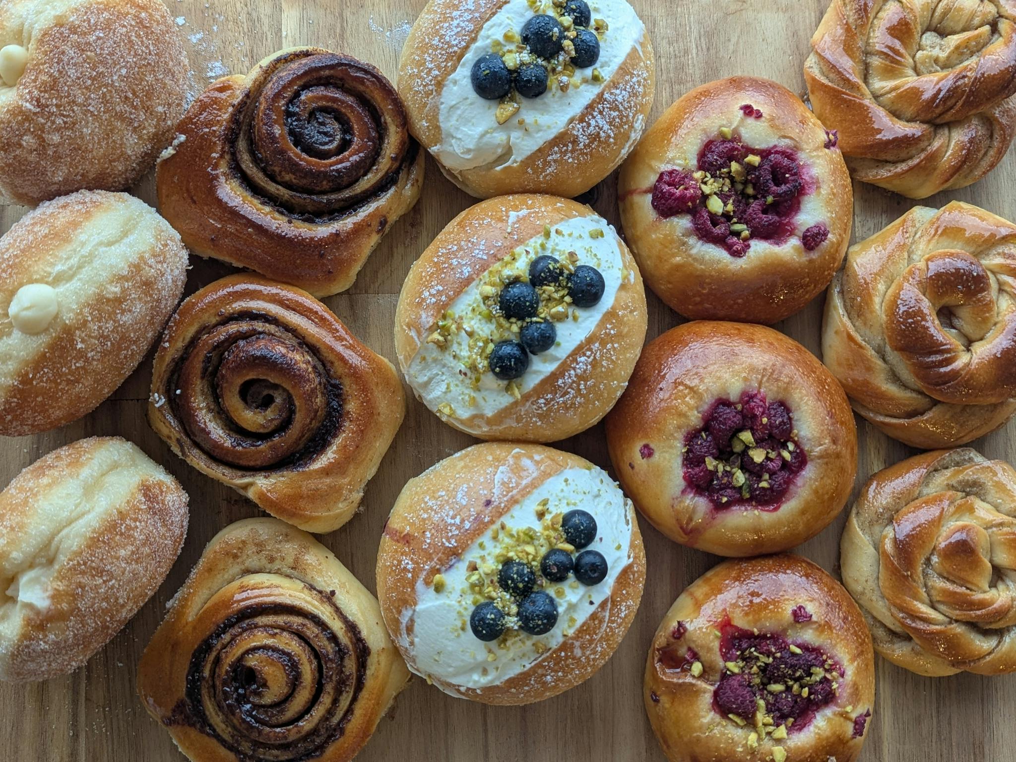 doughnuts and cinnamon swirls taken from above