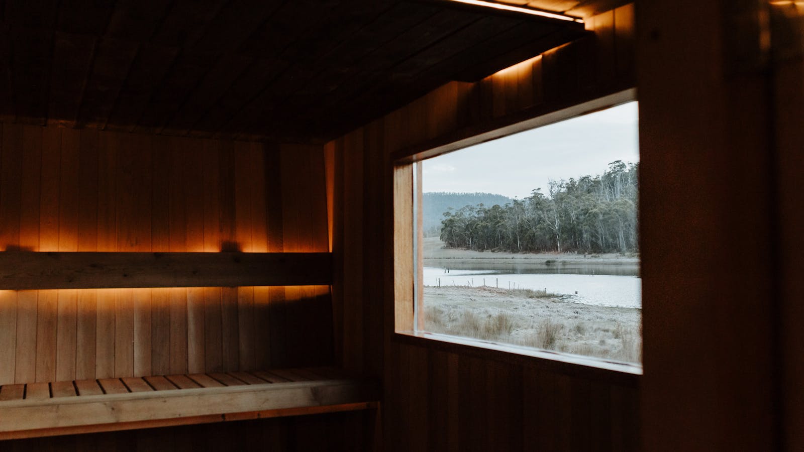 Timber-lined sauna with views across a Tasmanian waterside landscape.