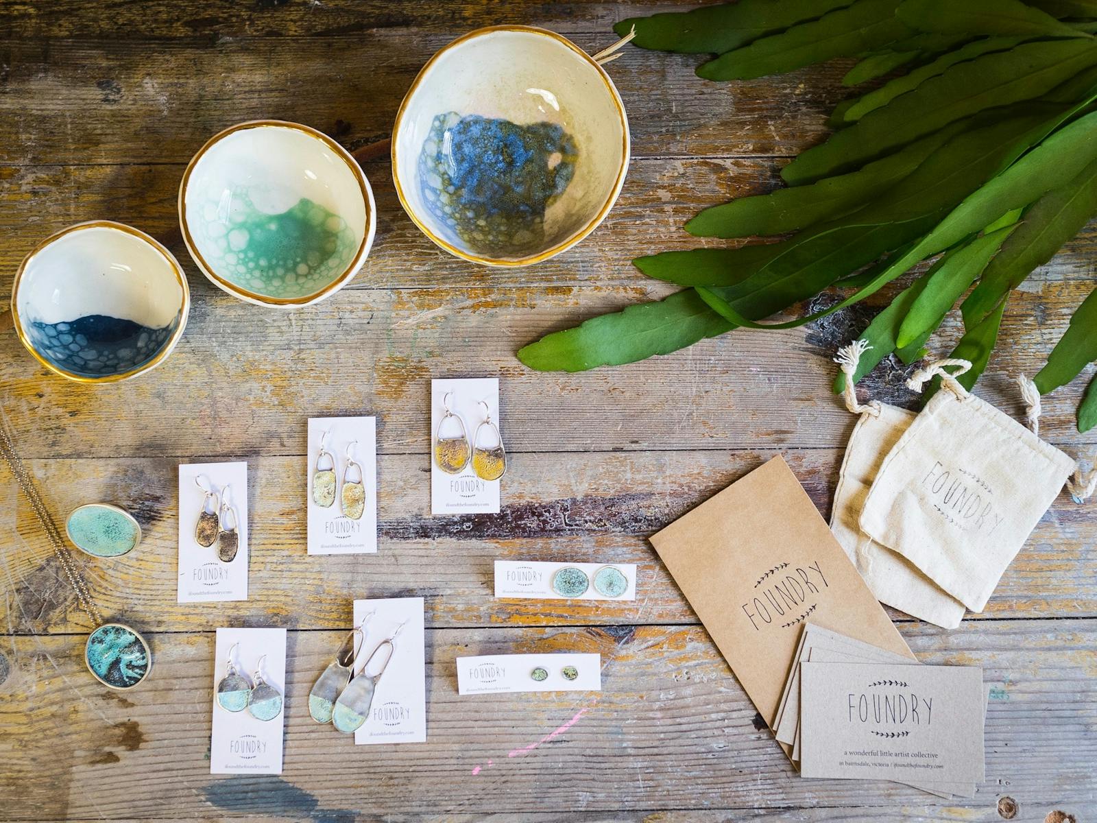 handmade ceramics, silver jewellery and packaging