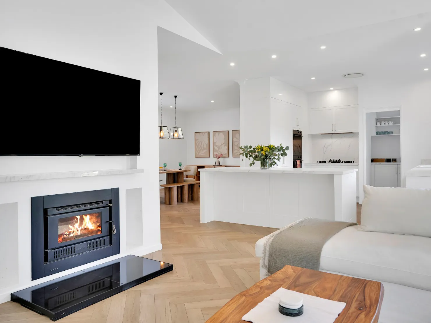 Wood fireplace in living room