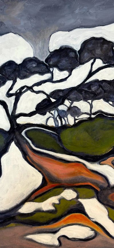 Acrylic painting grey, white, orange and moss green tones depicting stylised snow gums and landscape