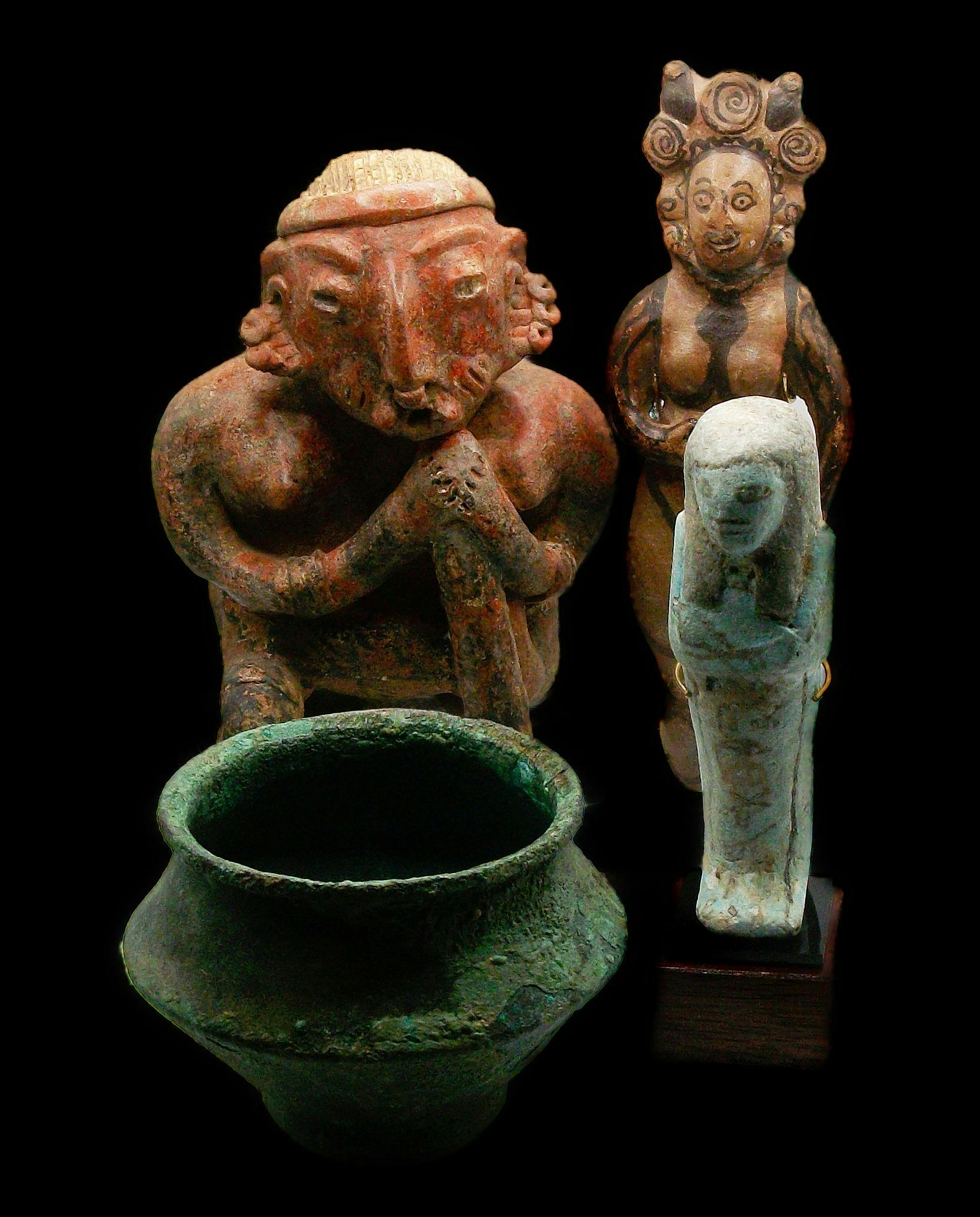 Ancient antiquities including Roman Greek and Egyptian religious art and tribal pieces