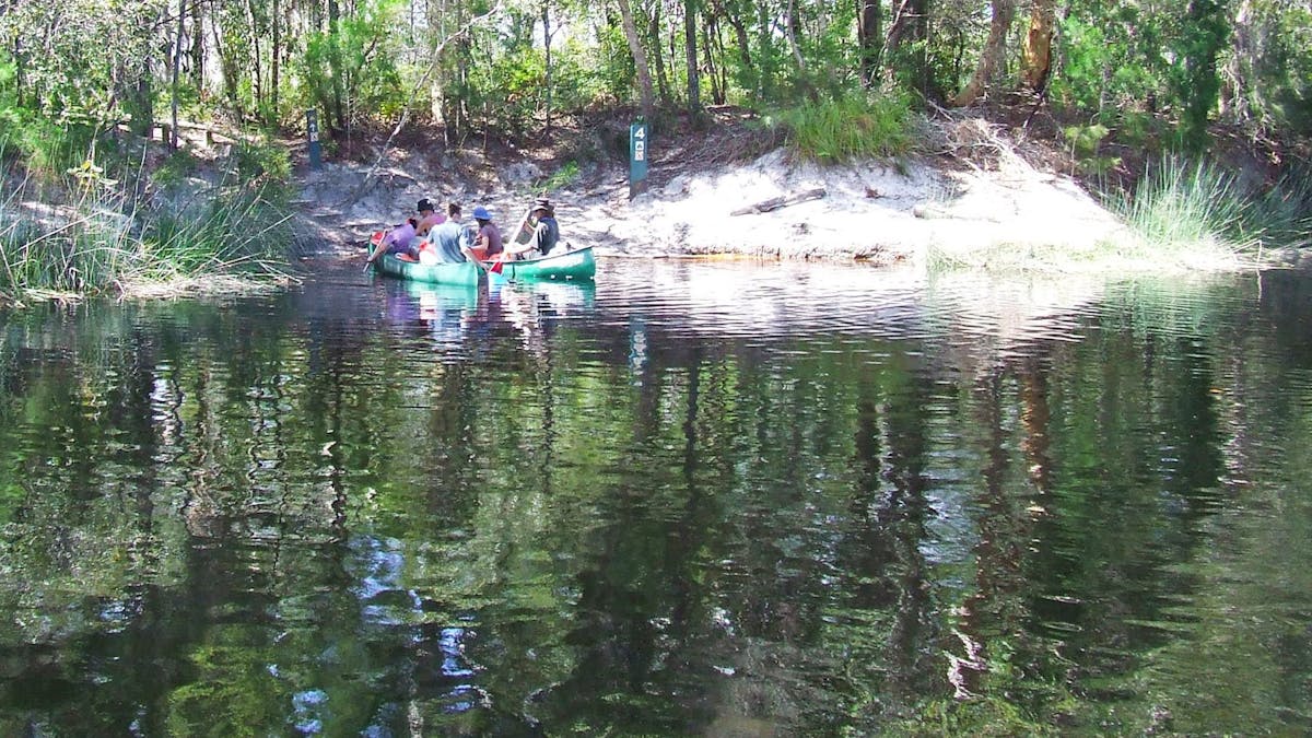 People in 2 green canoes paddling up to a sandy bank.
