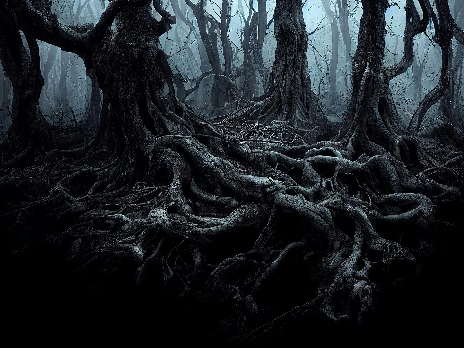 A spooky dark forest full of twisting tree branches and roots