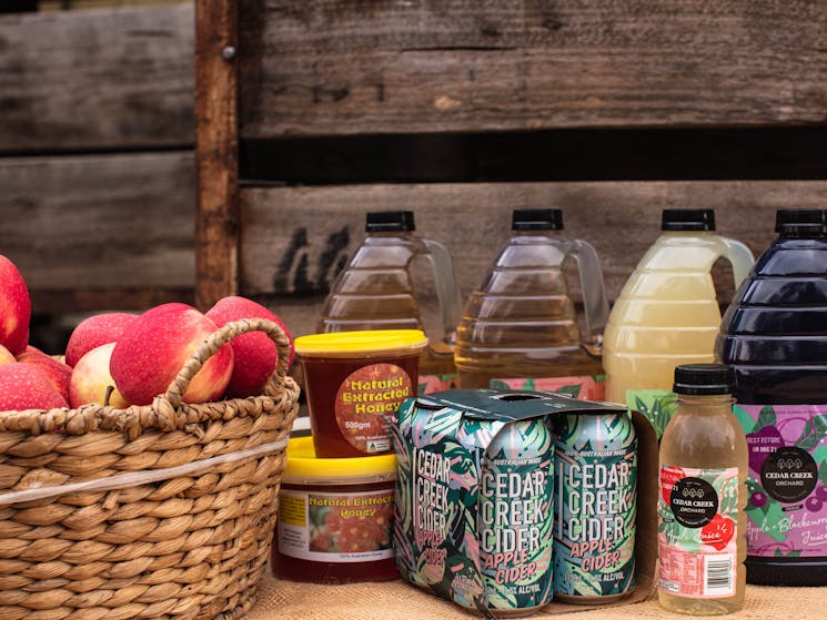 Selection of juice, cider and apples from Cedar Creek Orchard