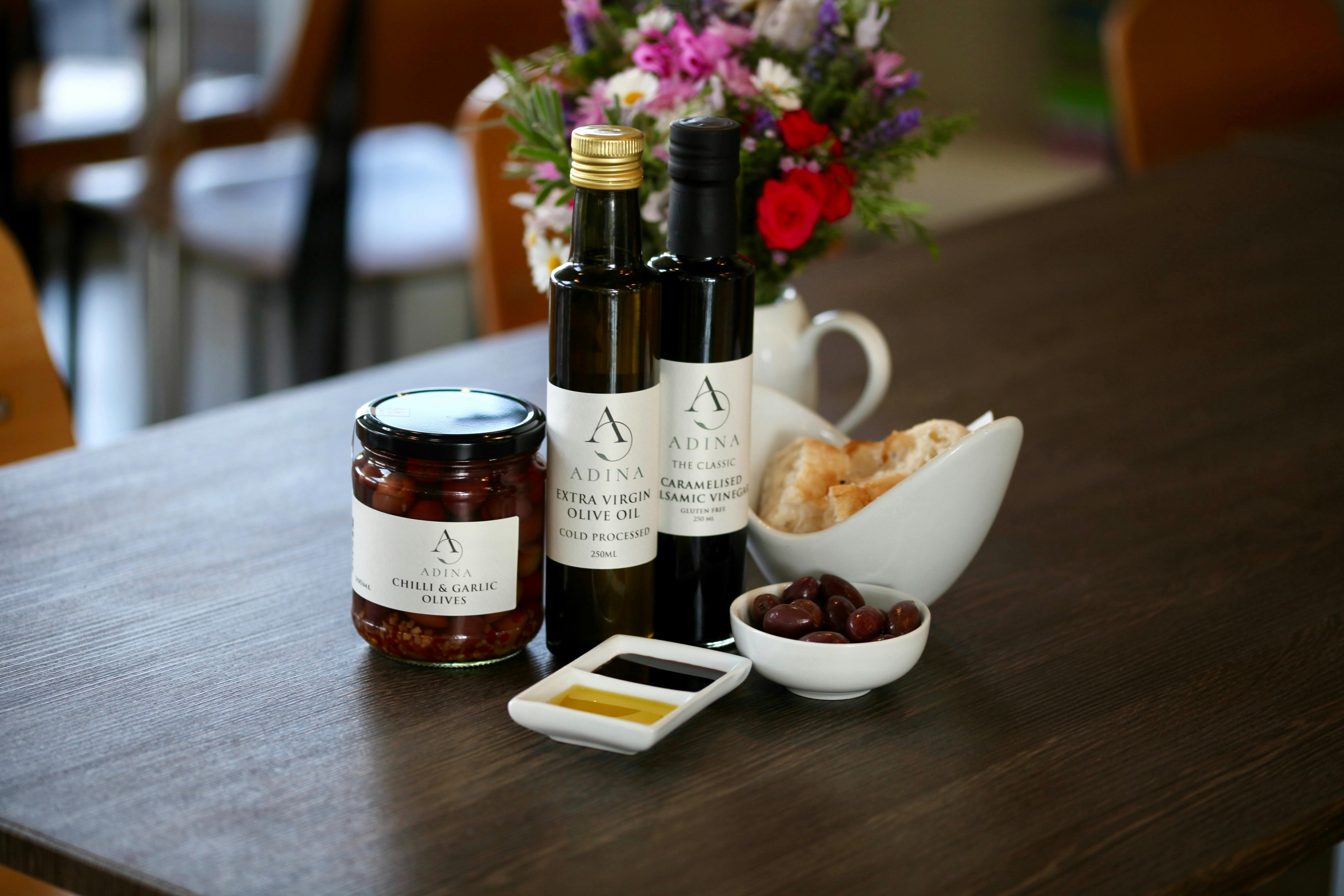 Image shows Adina's Award winning  Olive and Olive Oils