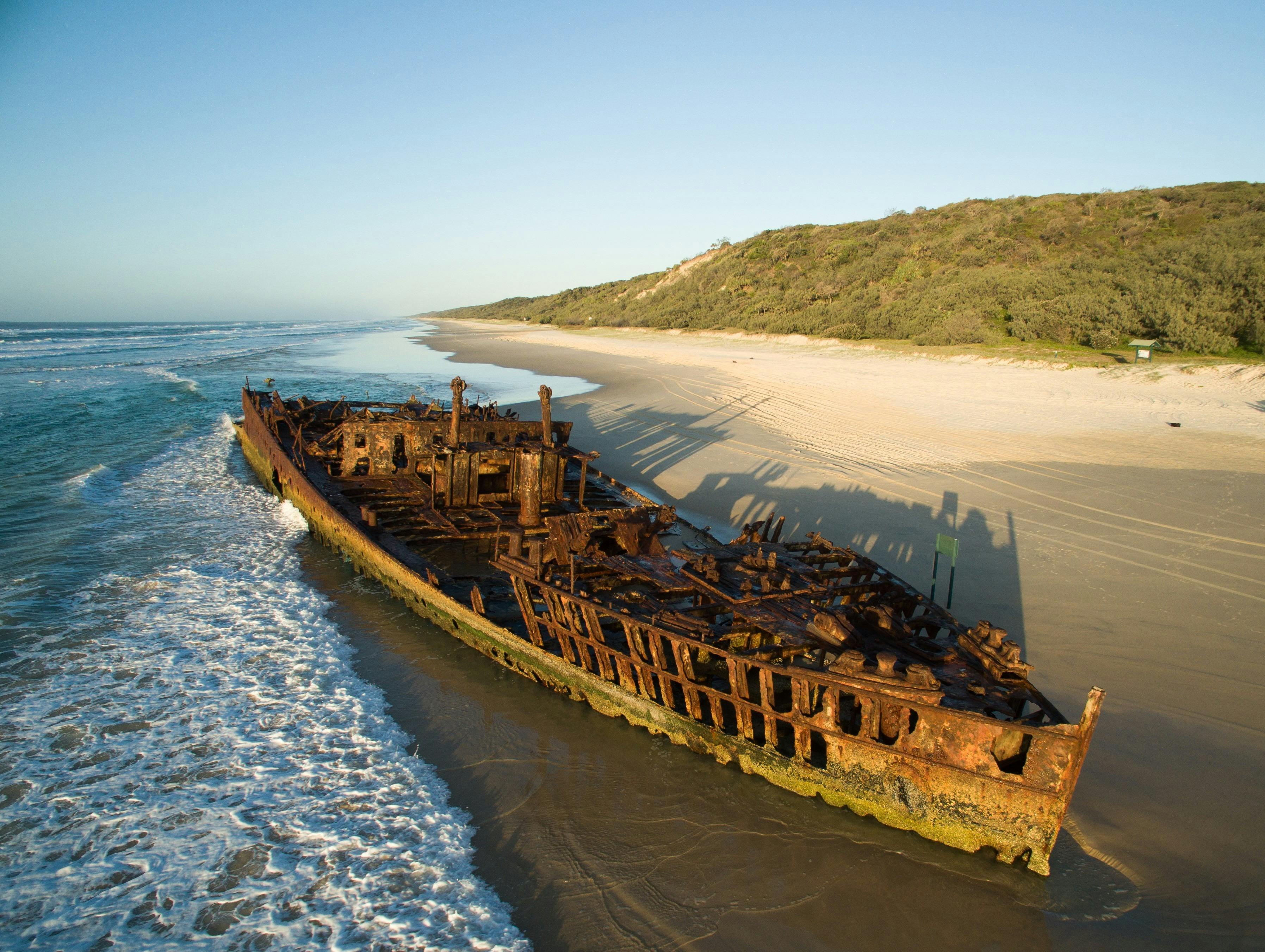 photo showing the wreck of the Maheno on the eatern beach of Fraser Island