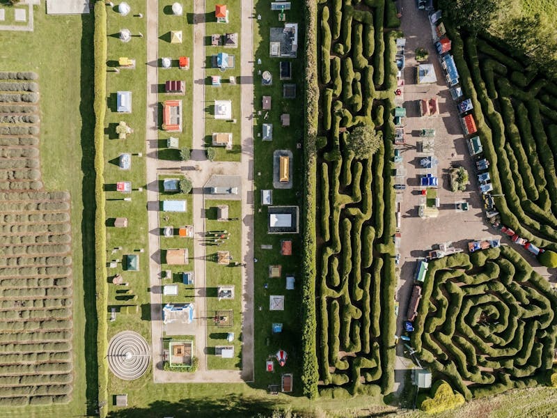 Aerial photograph of mazes and Village of Lower Crackpot
