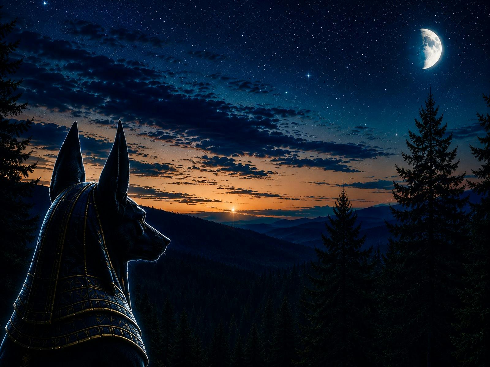 Anubis stares at the sunset