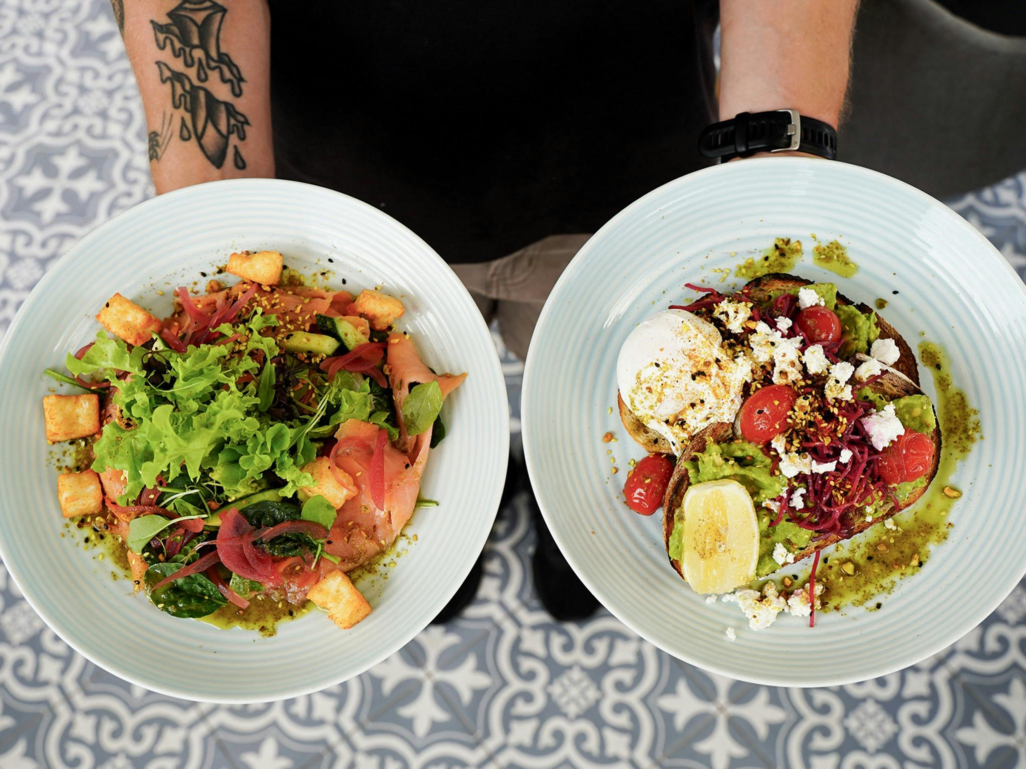 Lemon myrtle salad and smashed Avo with pistachio dukka and wild basil oil
