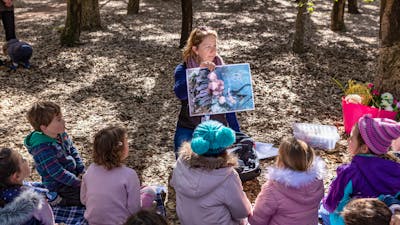 children listening to a story in the forest