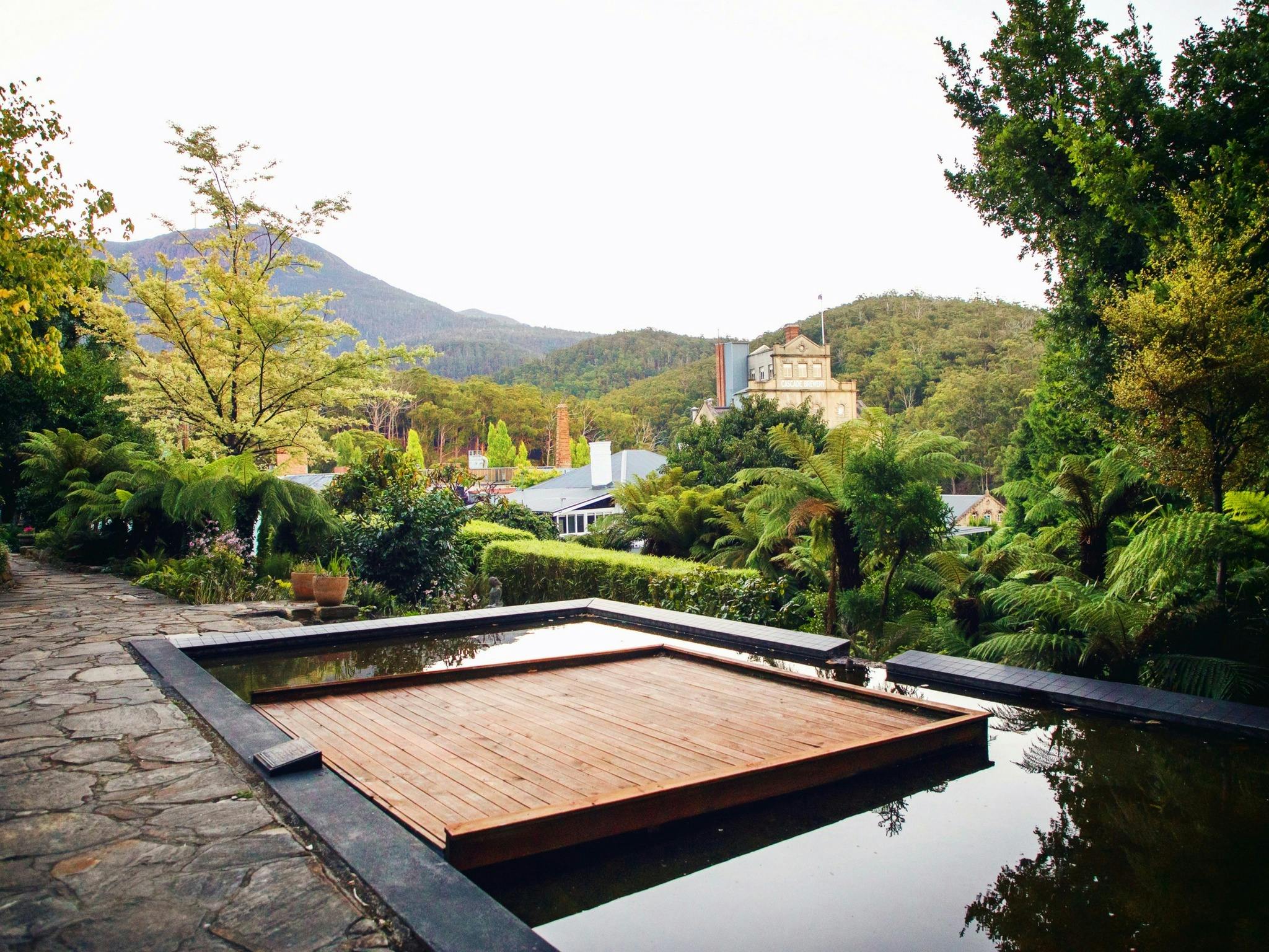 View from the Ponds at Cascade Brewhouse, of Mount Wellington and Cascade Brewery