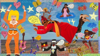 A vibrant acrylic artwork depicting artist Kaylene Whiskey soaring surrounded by colourful elements.