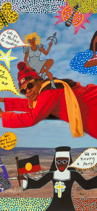 A vibrant acrylic artwork depicting artist Kaylene Whiskey soaring surrounded by colourful elements.