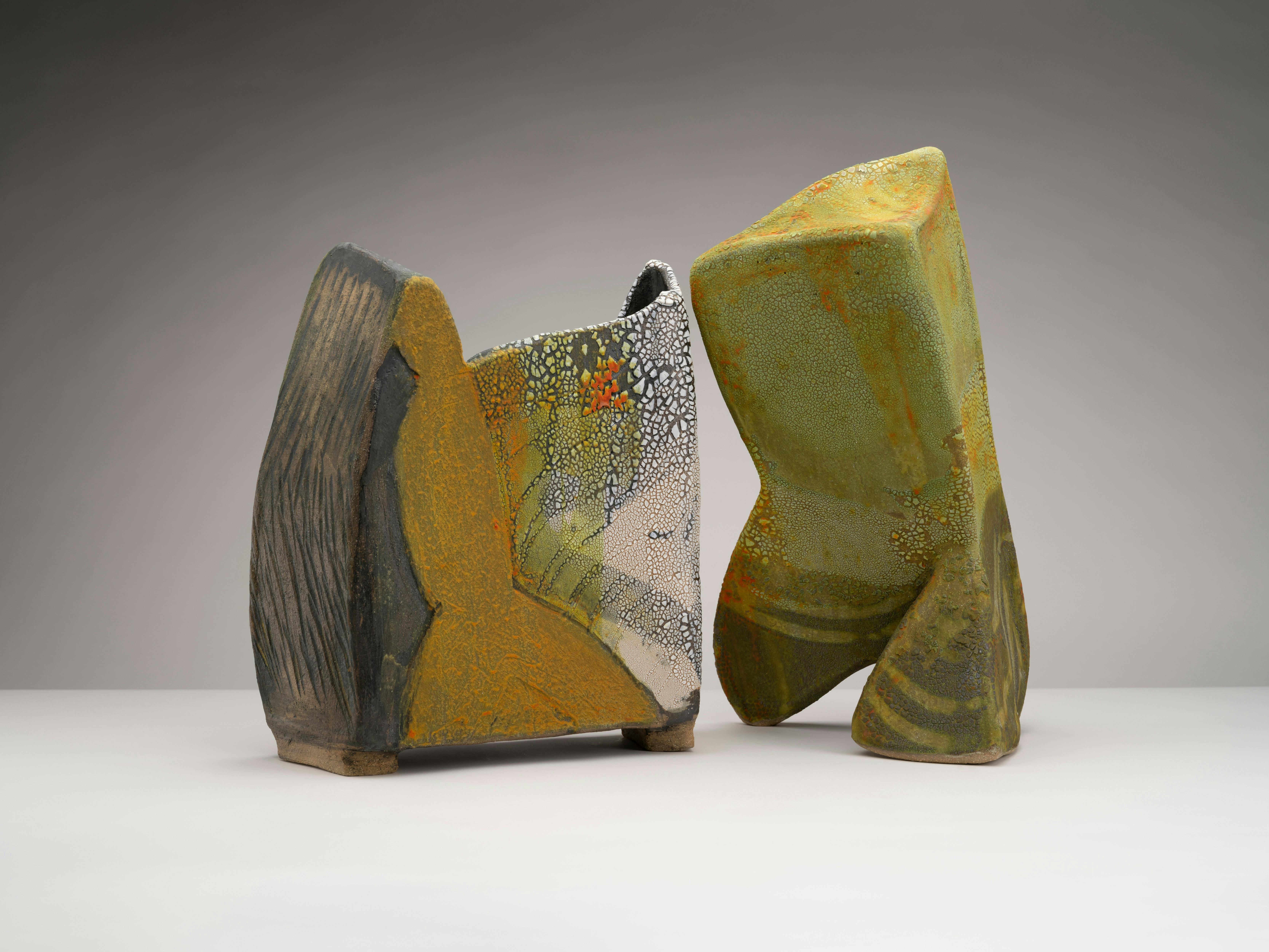 Ros Auld, Untitled Orange Vessel and Untitled Orange Sculpture, 2025. Stoneware