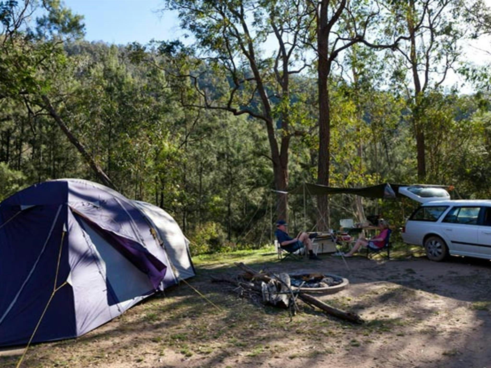 A tent and car at Deua River campgrounds, Deua National Park. Photo: Lucas Boyd/DPIE