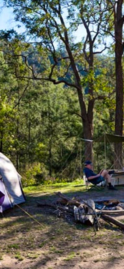 A tent and car at Deua River campgrounds, Deua National Park. Photo: Lucas Boyd/DPIE