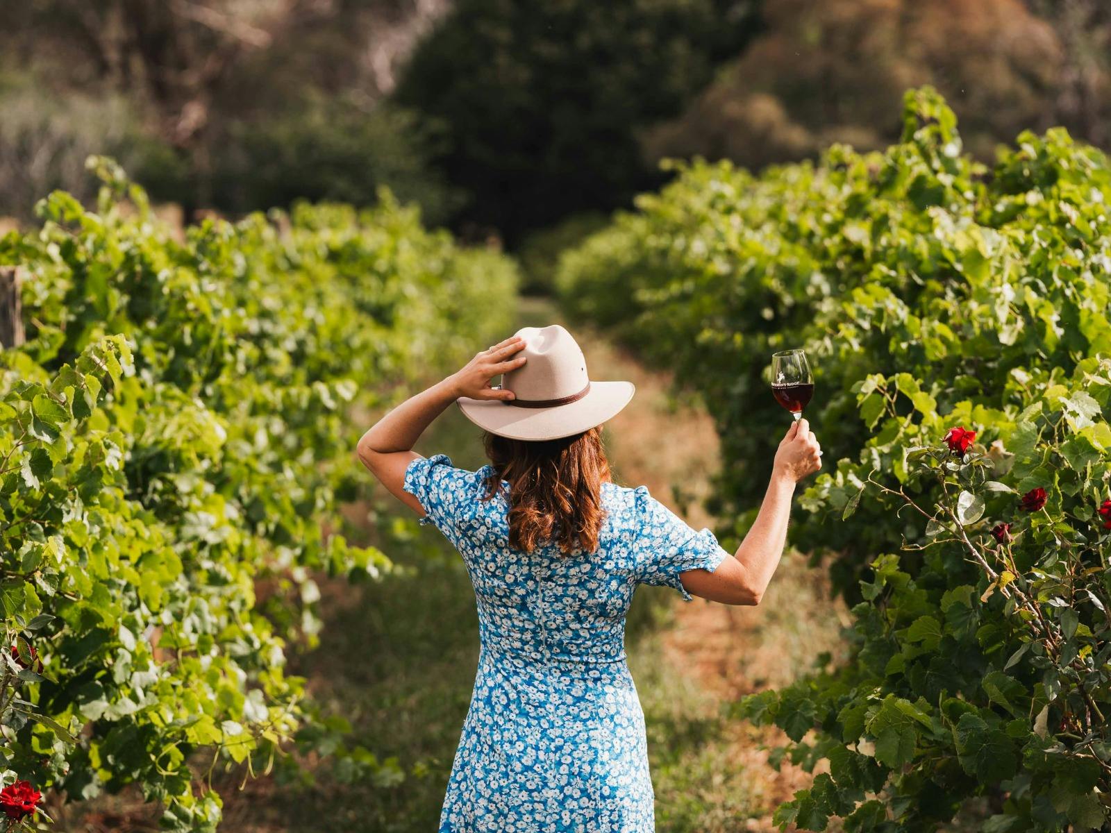 Girl holding wine looking into vineyard at Stockmans Ridge Wines
