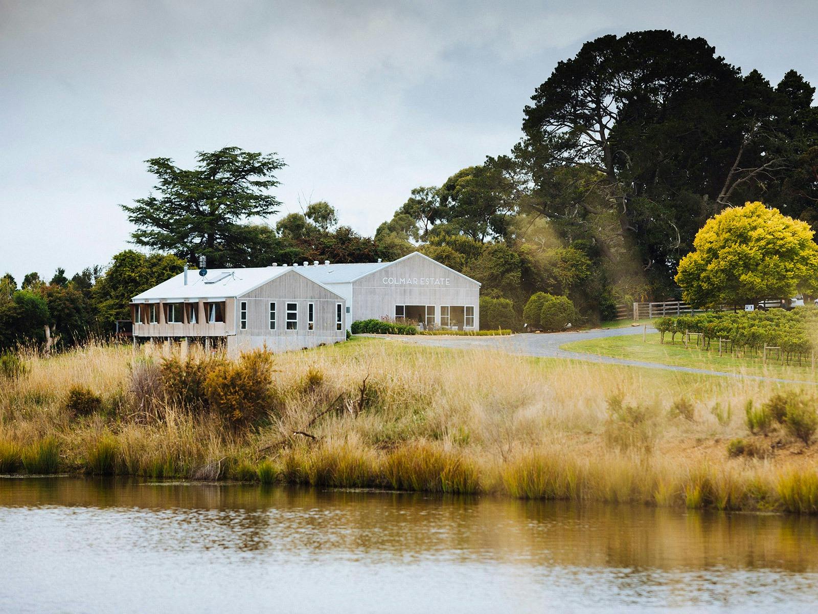 A view of Colmar Estate, a winery in Orange, from the dam. Vines and trees surround the building.