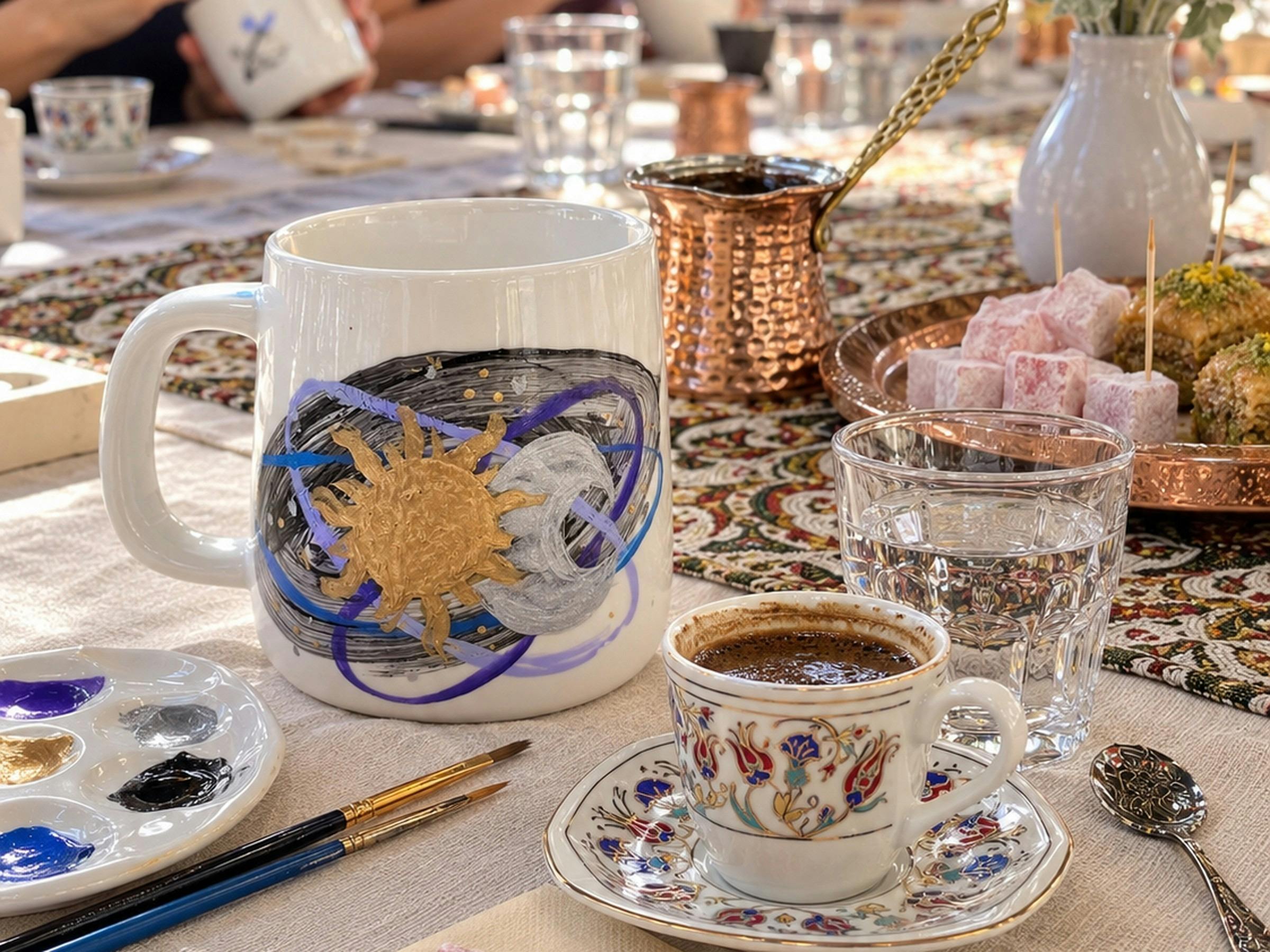 Hand-painted ceramic mug beside a cup of Turkish coffee