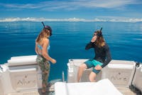 Two snorkelers on the back of a vessel