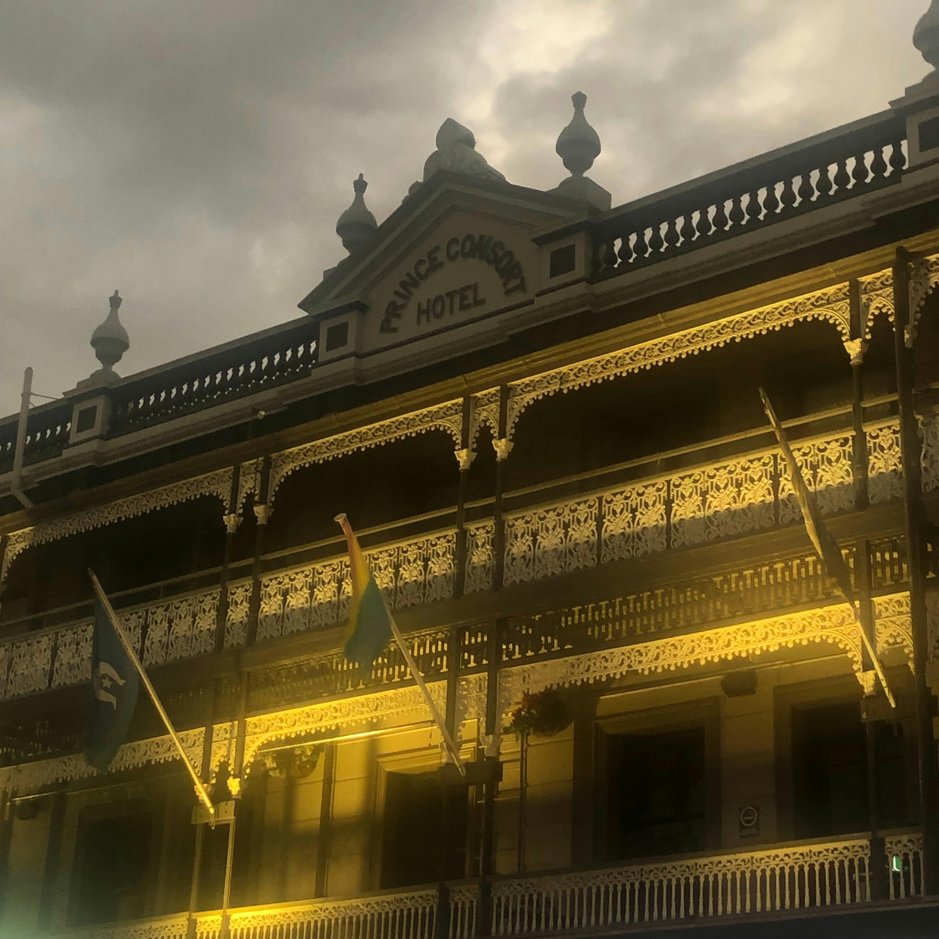 Twilight photo of the Prince Consort Hotel,  Fortitude Valley