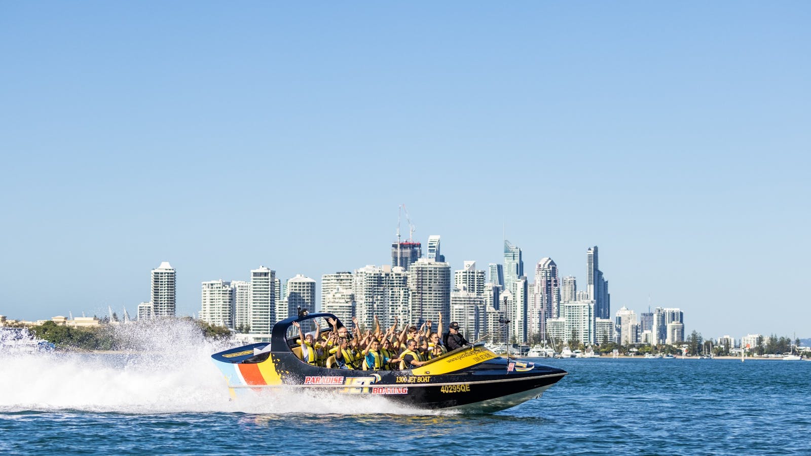 Paradise Jet Boating with Surfers Paradise backdrop Action