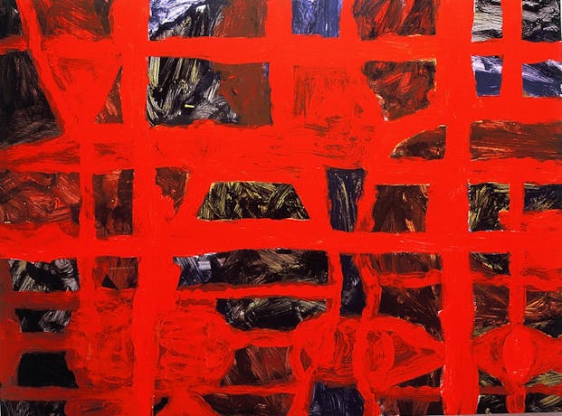 An vibrant red abstract painting.