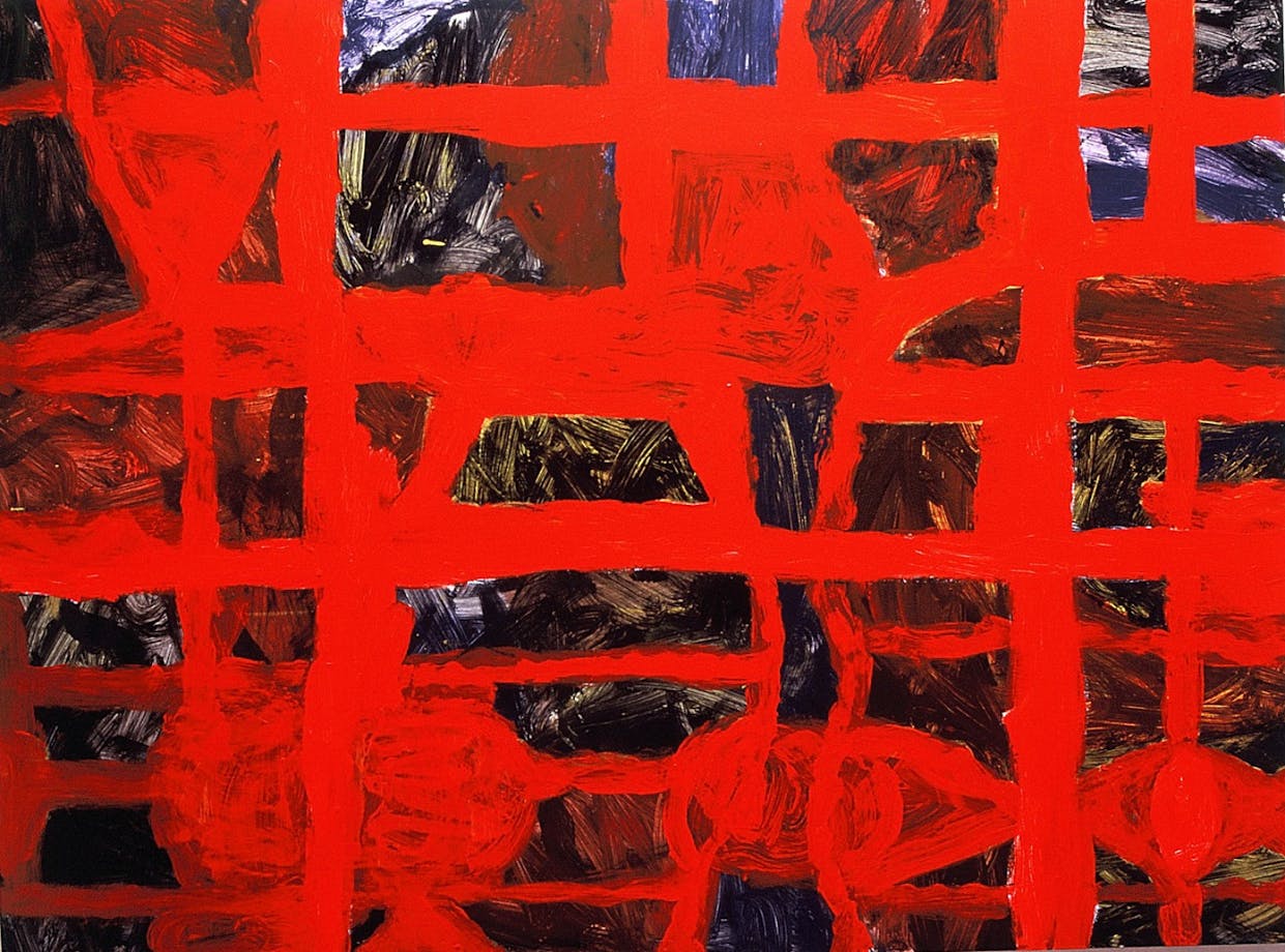 An vibrant red abstract painting.