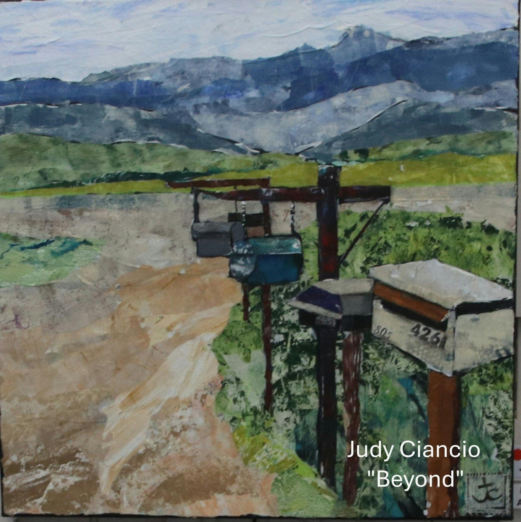 Painting of mountains and letterboxes by Judy Ciancio