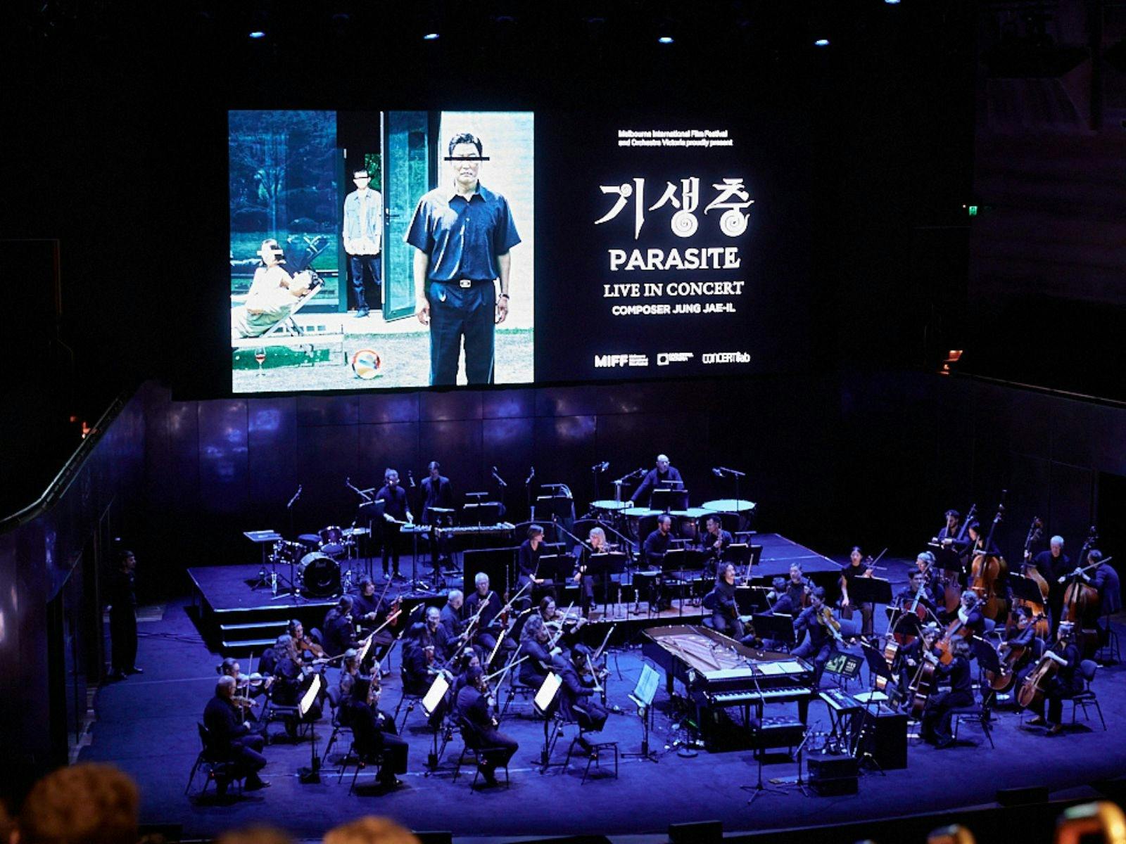 Parasite plays on the big screen as orchestra plays along