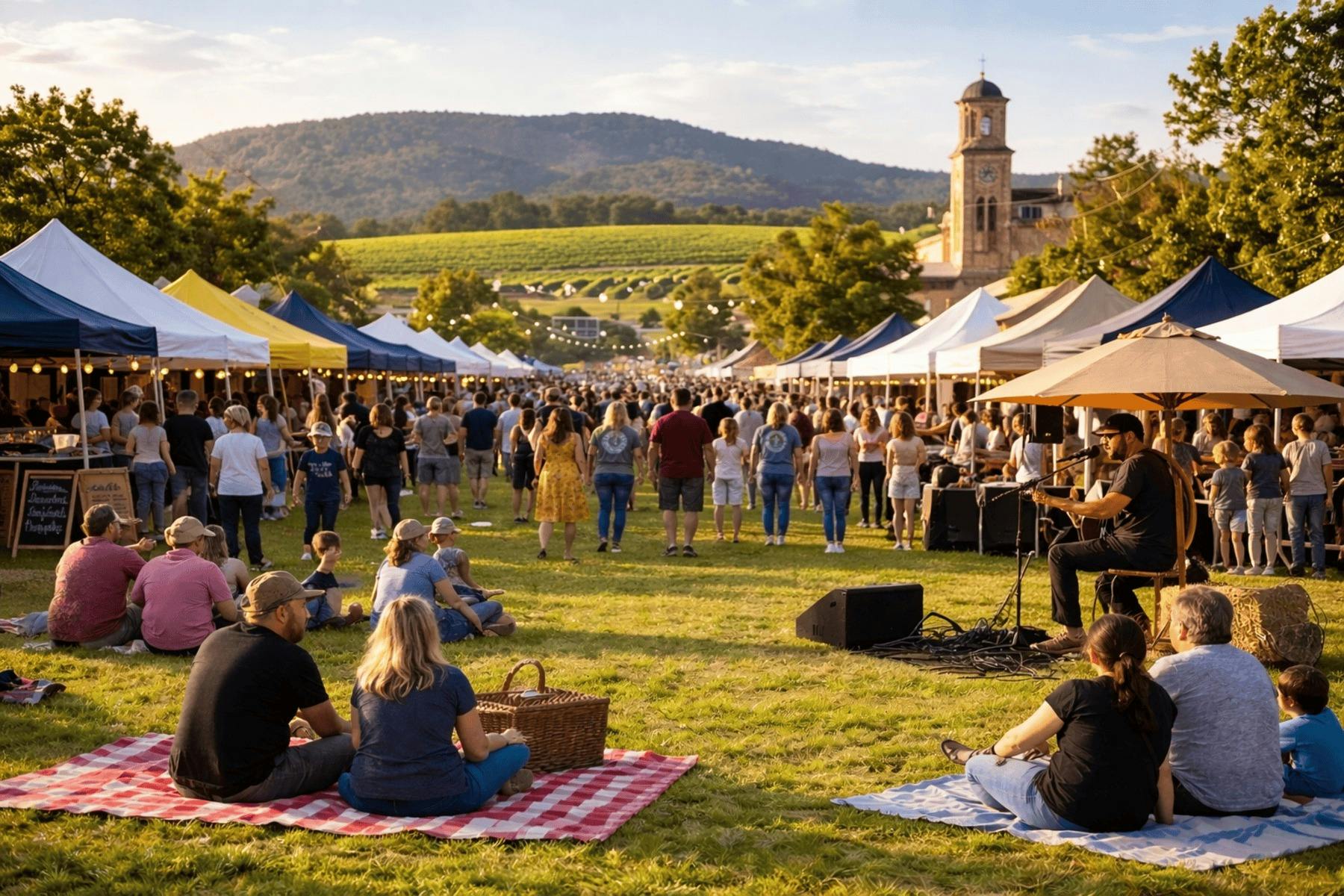 A wide outdoor community festival scene with rows of market stalls, families and visitors walking an
