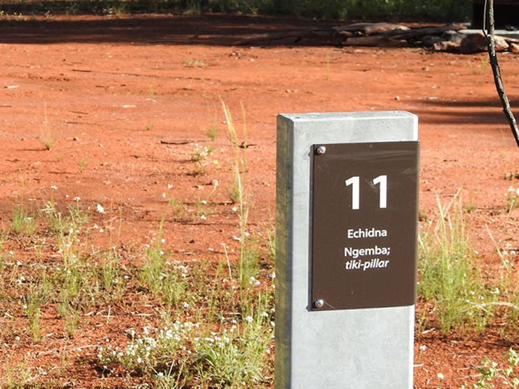 Close-up of sign post for a campsite named Echidna at Dry Tank Campground in Gundabooka National