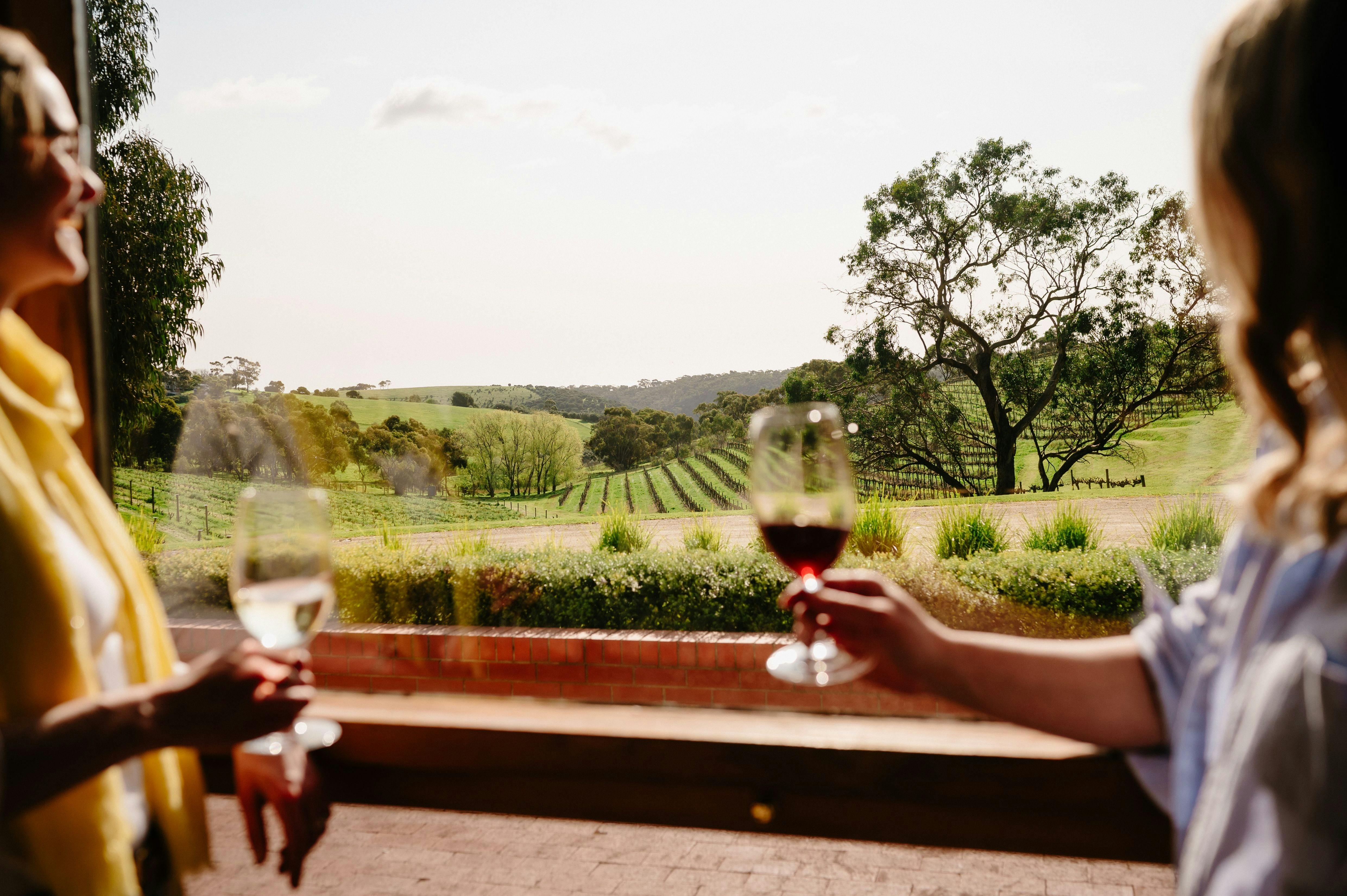 2 people sipping wine and looking out at the beautiful Chapel Hill Vineyards