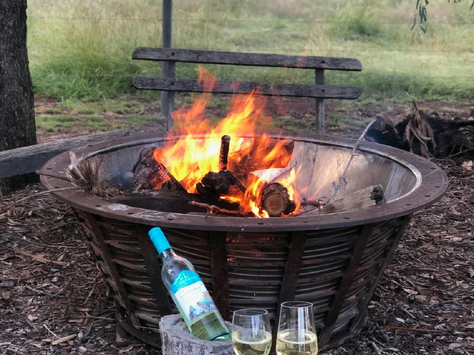 Fire Pit with fire burning and wine bottle with glasses in front