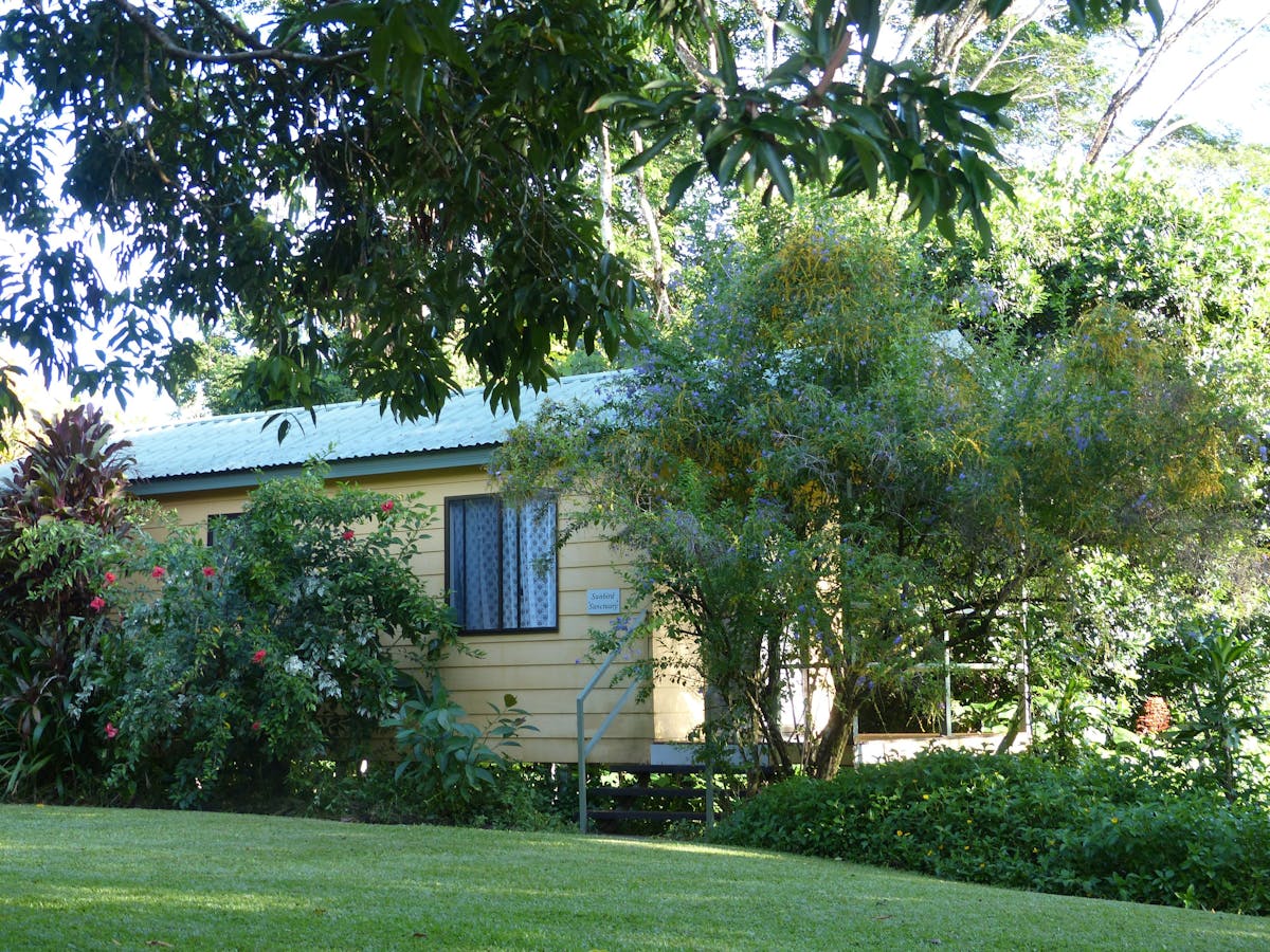 Exterior view of bungalow and gardens