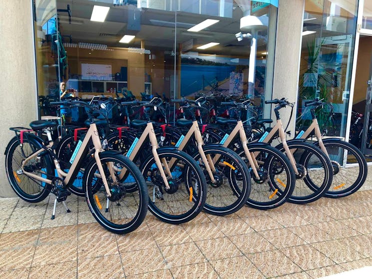 Some of our Lekker X e-bikes in front of the shop in Riverwalk Arcade