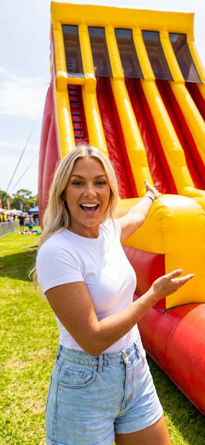 A Woman in front of the massive Kami Kazi Inflatable Slide