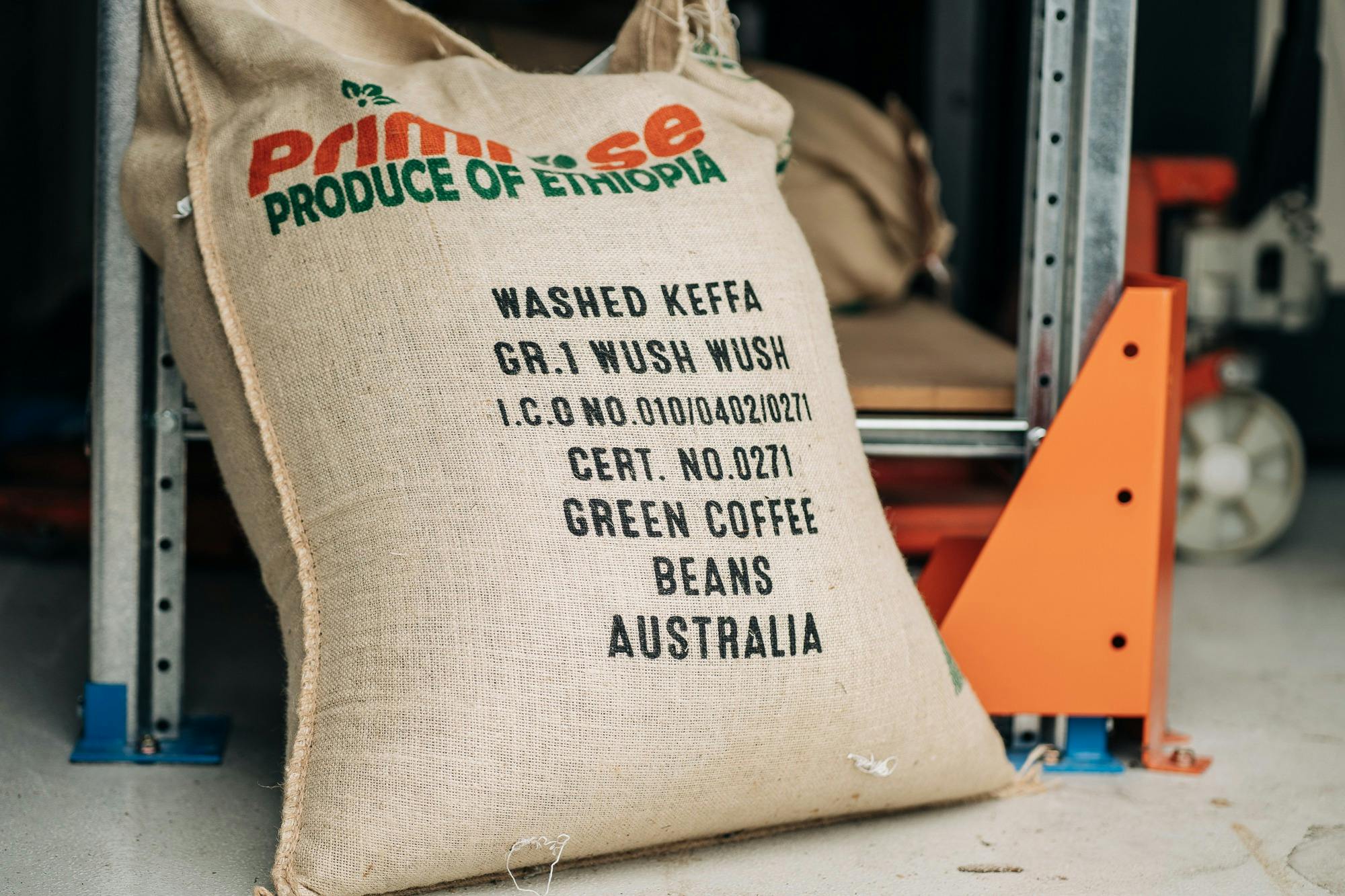 A hessian bag showing coffee from Keffa. The label at the top of the bag says Primrose.