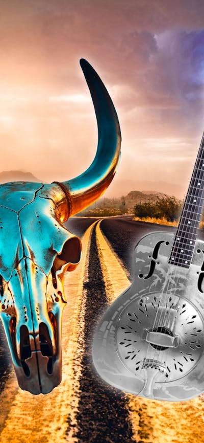 A highway with a bull's skull and a silver guitar placed on it