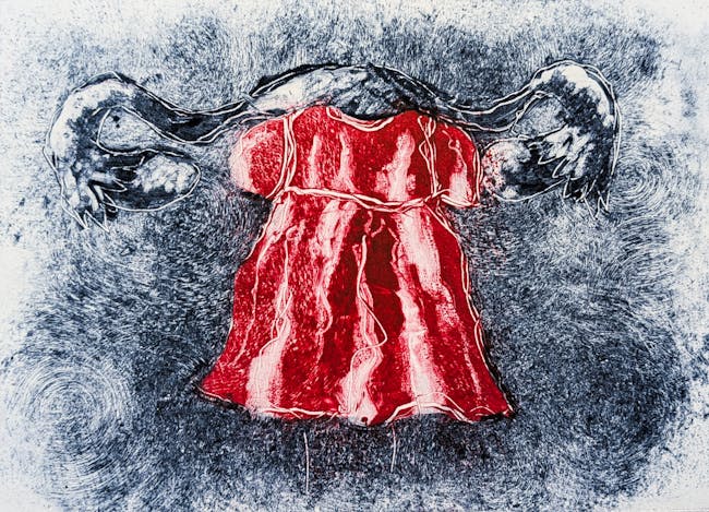 Printmaking-style artwork depicting a vivid red dress-like form suspended between two ovaries.
