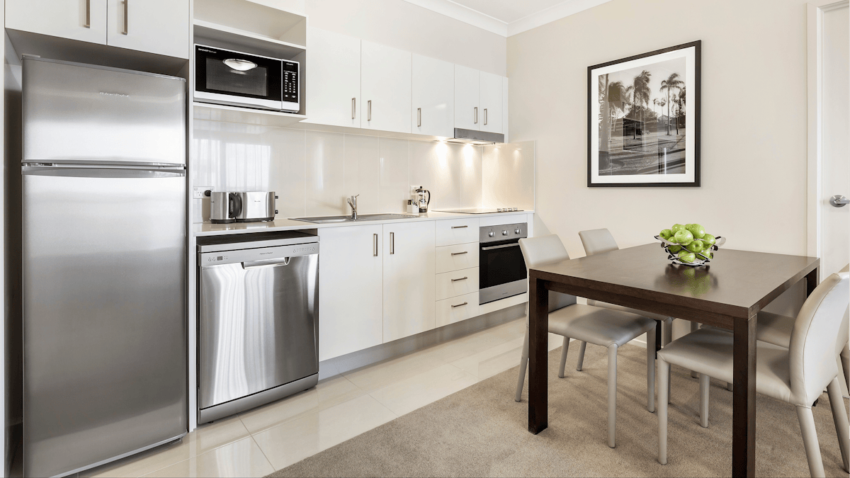 Fully equipped kitchen, with fridge, dishwasher, hot plates, oven, microwave, kettle toaster.