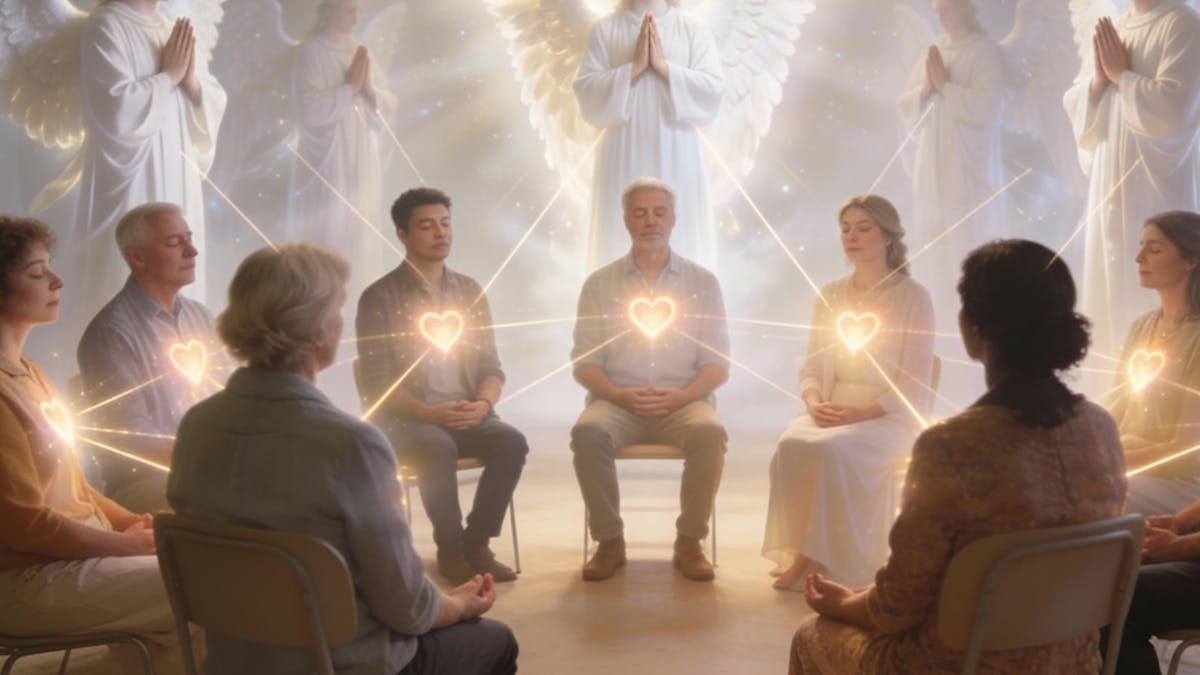A group of people in a circle in meditation. Angels have appeared