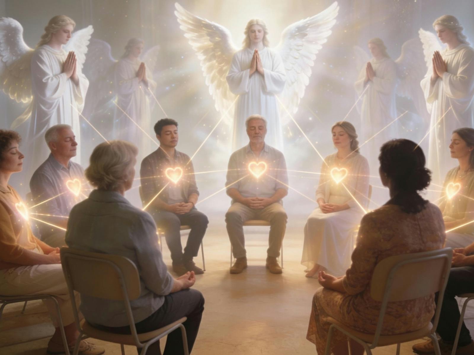 A group of people in a circle in meditation. Angels have appeared A group of people in a circle in meditation. Angels have appeared