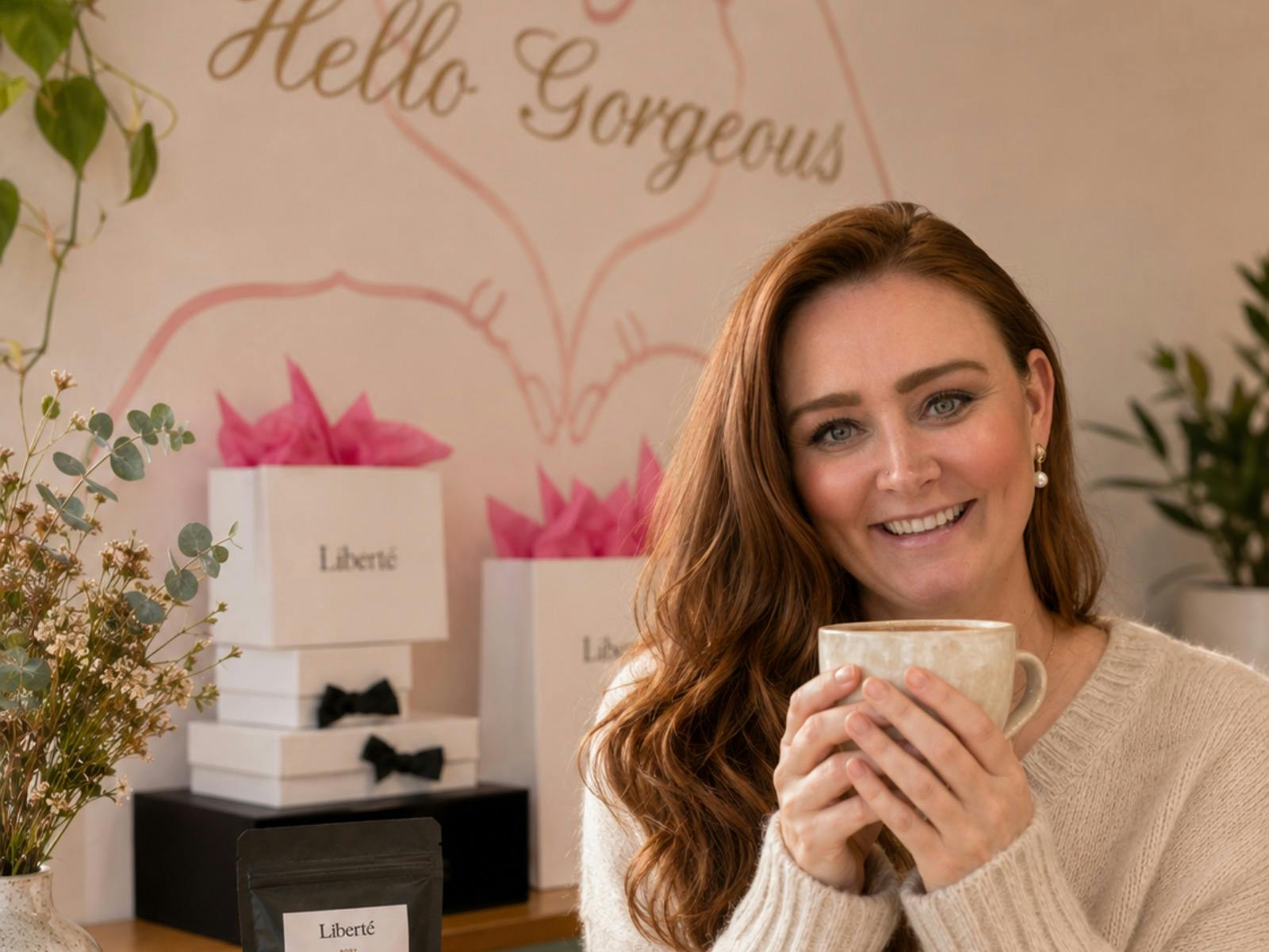 Liberté founder Sarah holding a cup of tea inside the Batemans Bay boutique, with gift boxes behind