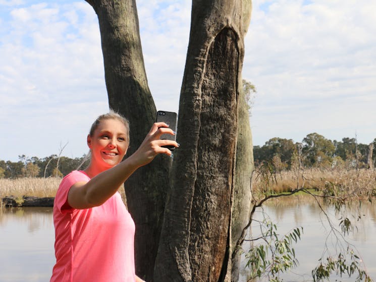 Lady taking selfie of a canoe tree