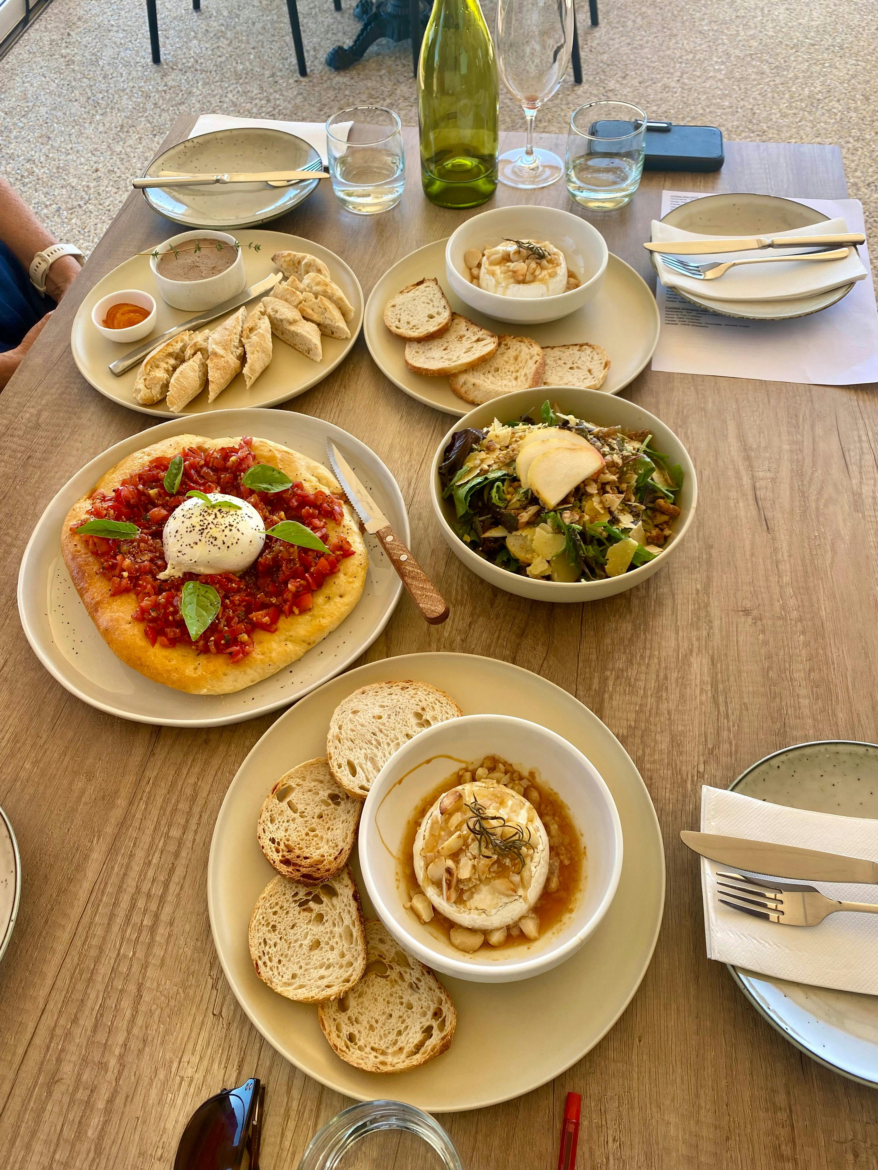 share plates, bruschetta, baked brie with fig jam, duck rillette, roast pumpkin salad